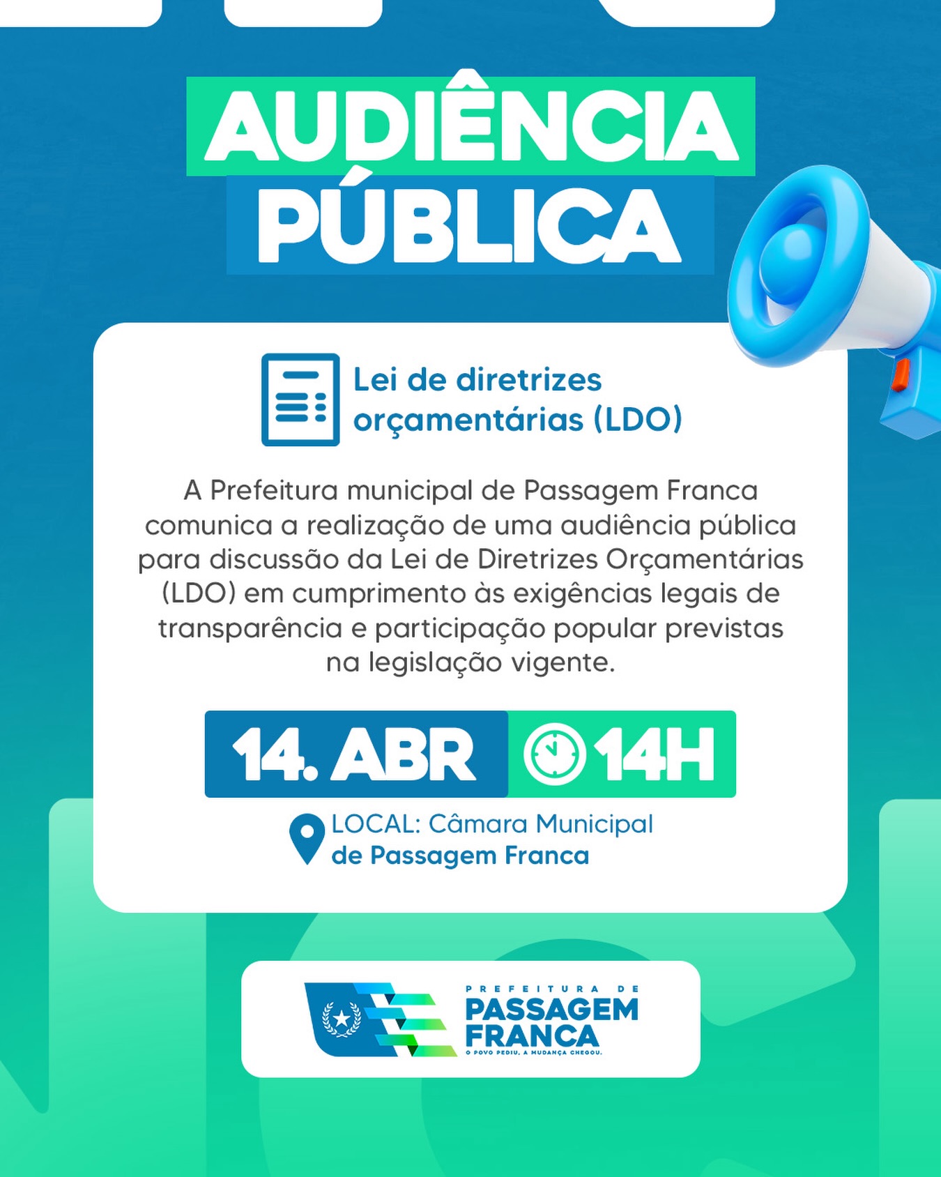 Prefeitura de Passagem Franca convoca população para Audiência Pública da LDO
